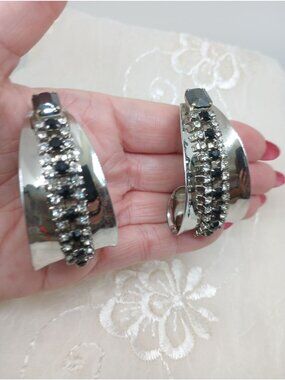 Vintage Clip-On Earrings With Black & Clear Rhinestones 1950s or 1960s GLAM